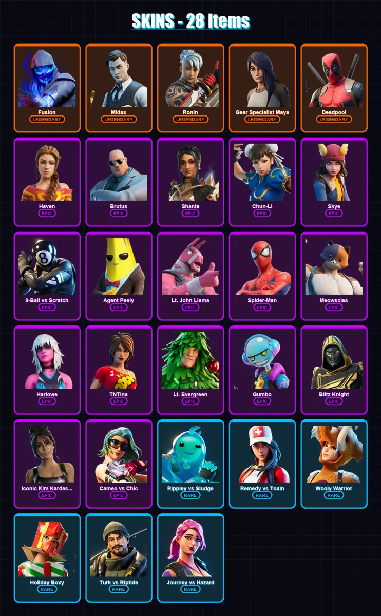 [PC/PSN] | Fusion | Midas | Ronin | Gear Specialist Maya | Deadpool | 28 skin | 50 pickaxe | 38 emote | 47 glider | Lv713