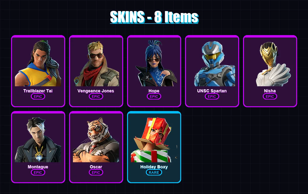 [PC/PSN] | Trailblazer Tai | Vengeance Jones | Hope | UNSC Spartan | Nisha | 8 skin | 20 pickaxe | 9 emote | 14 glider | Lv206