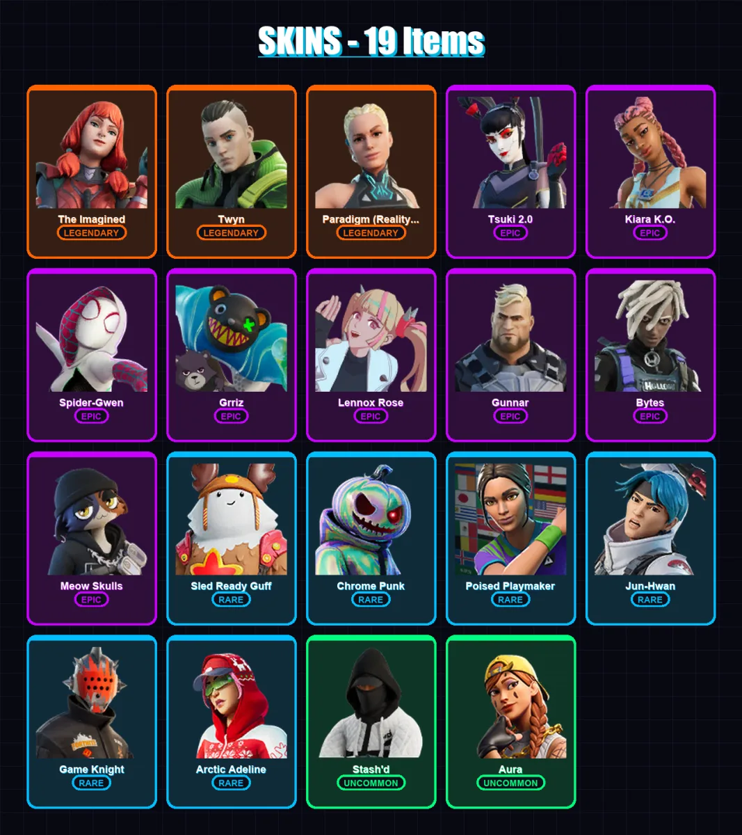 [PS4/PS5/XBOX/PC] | The Imagined | Twyn | Paradigm (Reality-659) | Tsuki 2.0 | Kiara K.O. | 19 skin | 28 pickaxe | 20 emote | 26 glider | Lv378