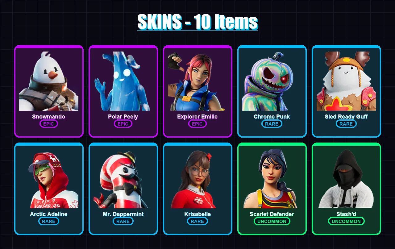 [PS4/PS5/XBOX/PC] | Snowmando | Polar Peely | Explorer Emilie | Chrome Punk | Sled Ready Guff | 10 skin | 22 pickaxe | 21 emote | 24 glider | Lv374