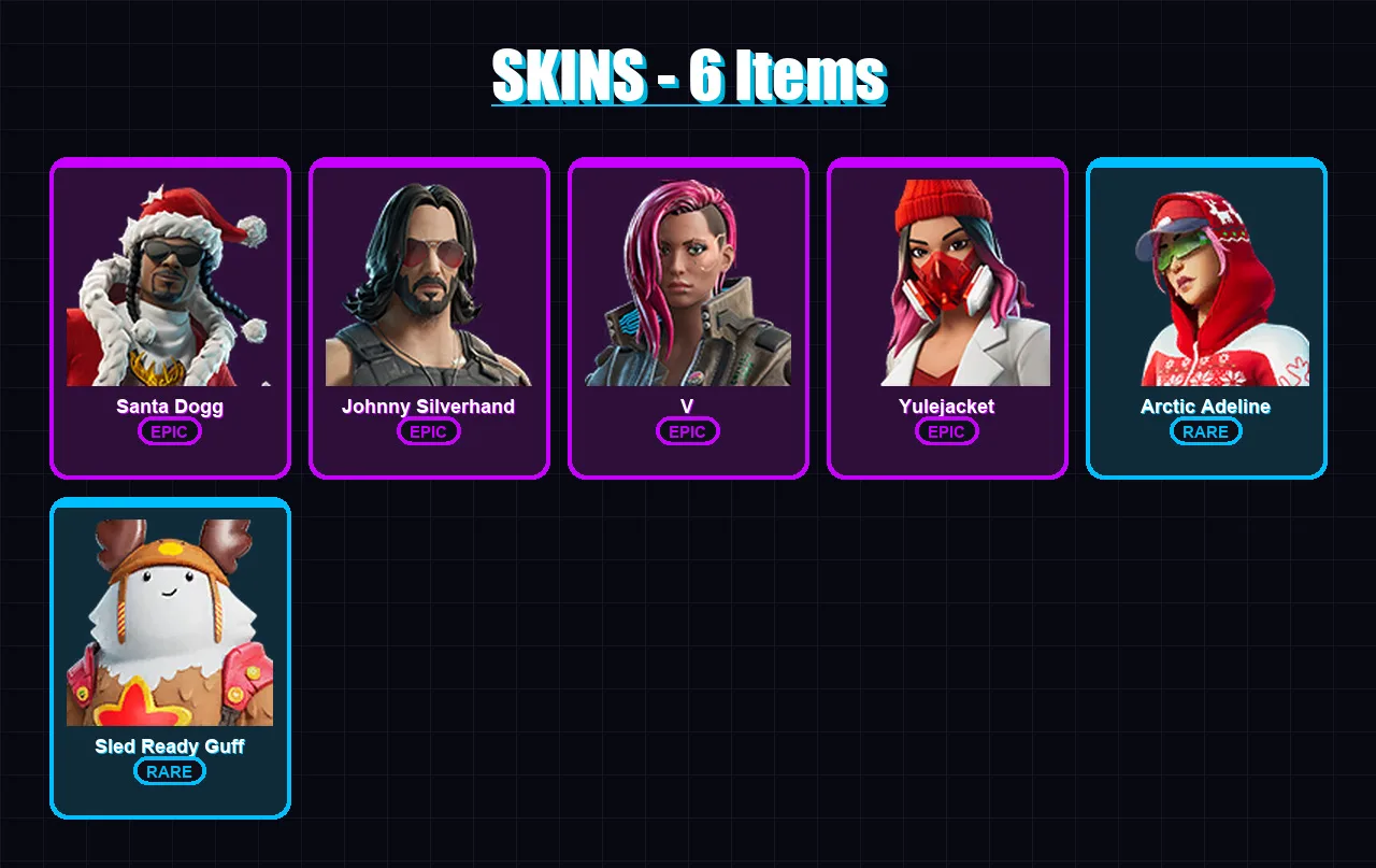 [PC/XBOX/PSN] | Santa Dogg | Johnny Silverhand | V | Yulejacket | Arctic Adeline | 6 skin | 14 pickaxe | 7 emote | 13 glider | Lv124
