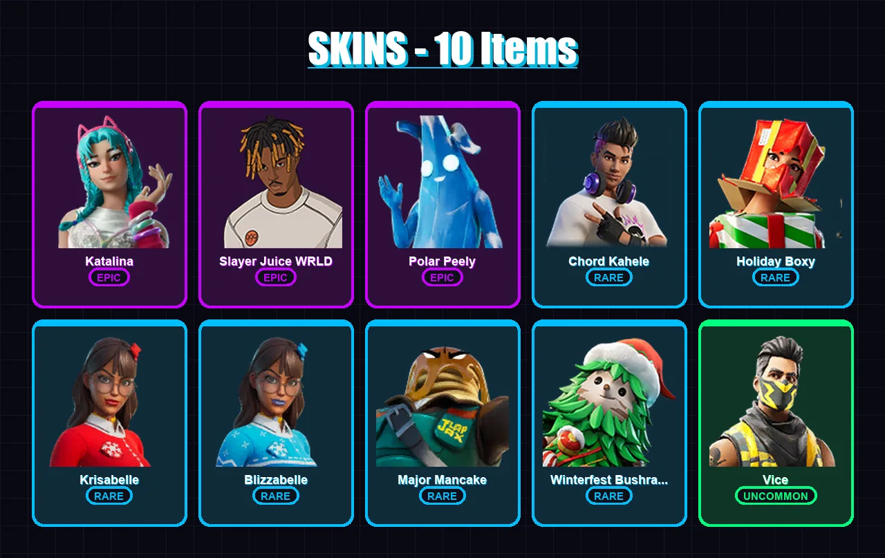 [PC/XBOX] | Katalina | Slayer Juice WRLD | Polar Peely | Chord Kahele | Holiday Boxy | 10 skin | 28 pickaxe | 11 emote | 17 glider | Lv301