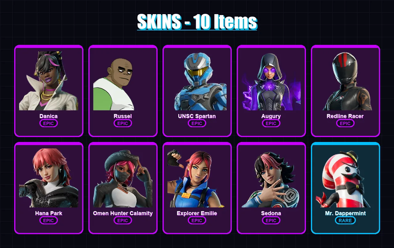 [PC/PSN] | Danica | Russel | UNSC Spartan | Augury | Redline Racer | 10 skin | 7 pickaxe | 6 emote | 3 glider | Lv11