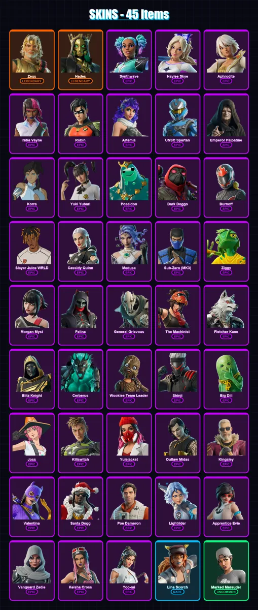 [PS4/PS5/XBOX/PC] | Zeus | Hades | Synthwave | Haylee Skye | Aphrodite | 45 skin | 95 pickaxe | 49 emote | 61 glider | Lv988