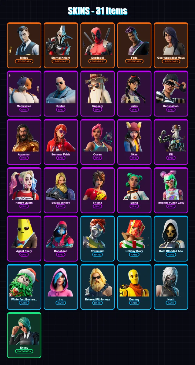 [SWITCH/XBOX/PSN/PC] | Midas | Eternal Knight | Deadpool | Fade | Gear Specialist Maya | 31 skin | 40 pickaxe | 38 emote | 37 glider | Lv657