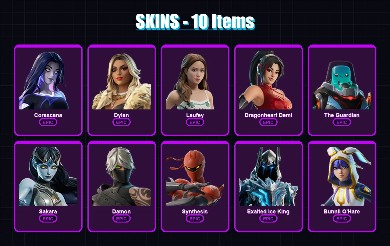 [PC/PSN] | Corascana | Dylan | Laufey | Dragonheart Demi | The Guardian | 10 skin | 10 pickaxe | 4 emote | 6 glider | Lv17
