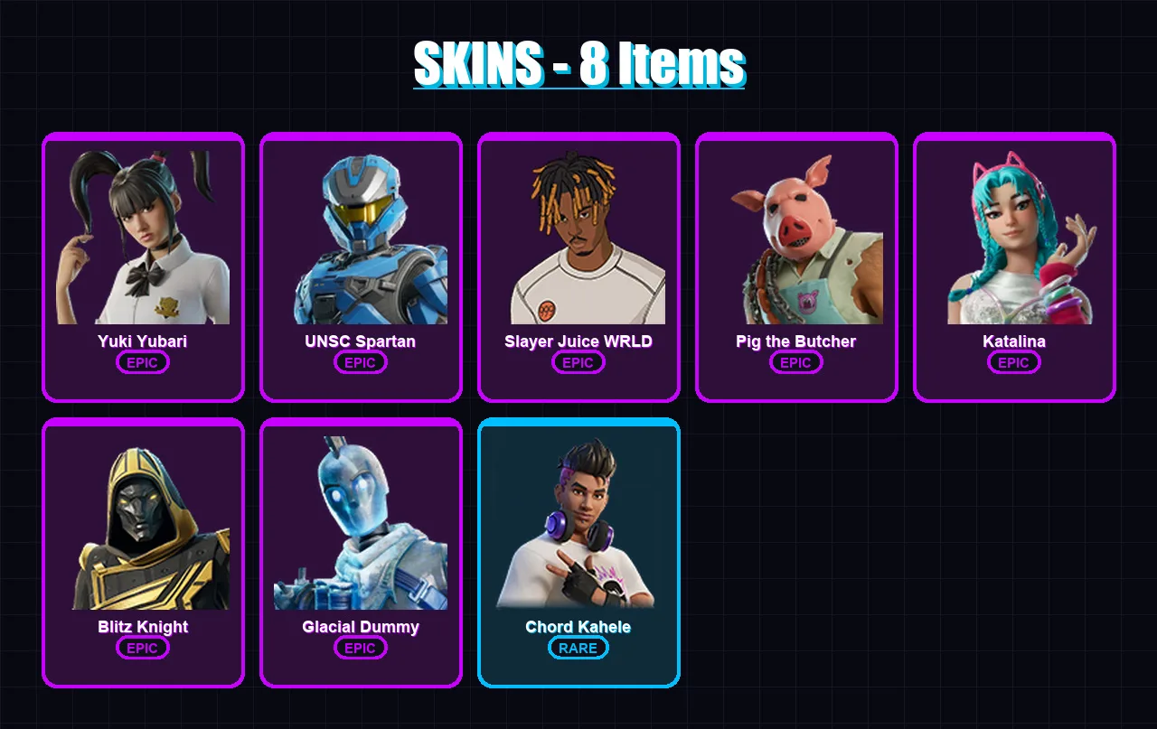 [PC/XBOX] | Yuki Yubari | UNSC Spartan | Slayer Juice WRLD | Pig the Butcher | Katalina | 8 skin | 61 pickaxe | 21 emote | 34 glider | Lv578