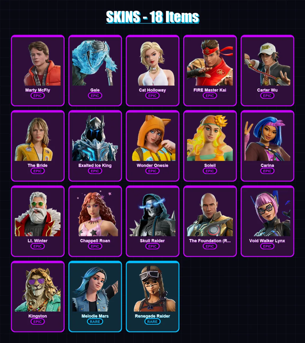 [PC/PSN] | Marty McFly | Gale | Cat Holloway | FIRE Master Kai | Carter Wu | 18 skin | 25 pickaxe | 16 emote | 16 glider | Lv92