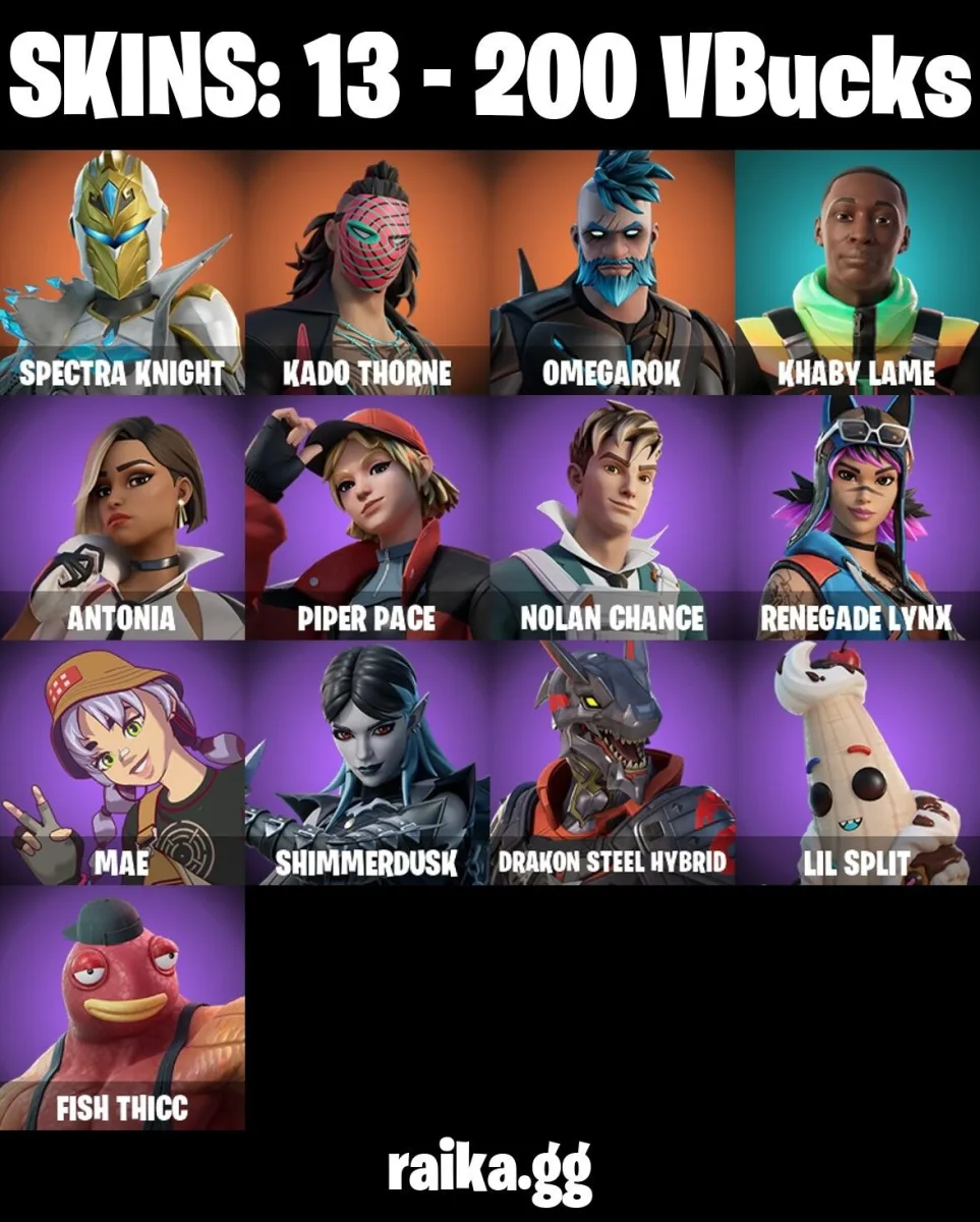 13 skins Spectra Knight | Kado Thorne | Omegarok | Khaby Lame | Antonia | Piper Pace All Platforms Mail Access Instant Delivery — Fortnite account
