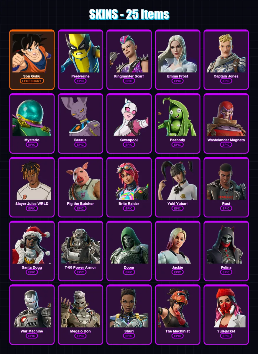 [SWITCH/XBOX/PSN/PC] | Son Goku | Peelverine | Ringmaster Scarr | Emma Frost | Captain Jones | 25 skin | 83 pickaxe | 45 emote | 58 glider | Lv928