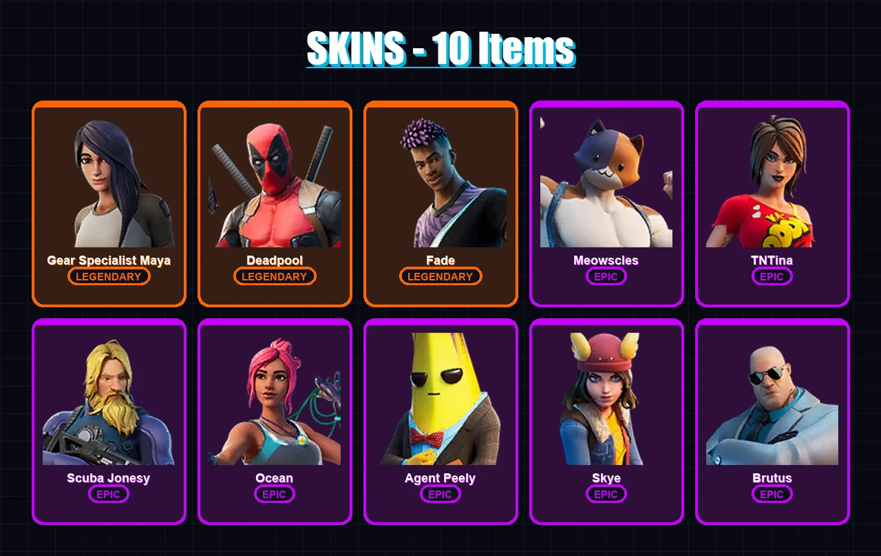[PS4/PS5/XBOX/PC] | Gear Specialist Maya | Deadpool | Fade | Meowscles | TNTina | 10 skin | 7 pickaxe | 9 emote | 12 glider | Lv115 — Fortnite account