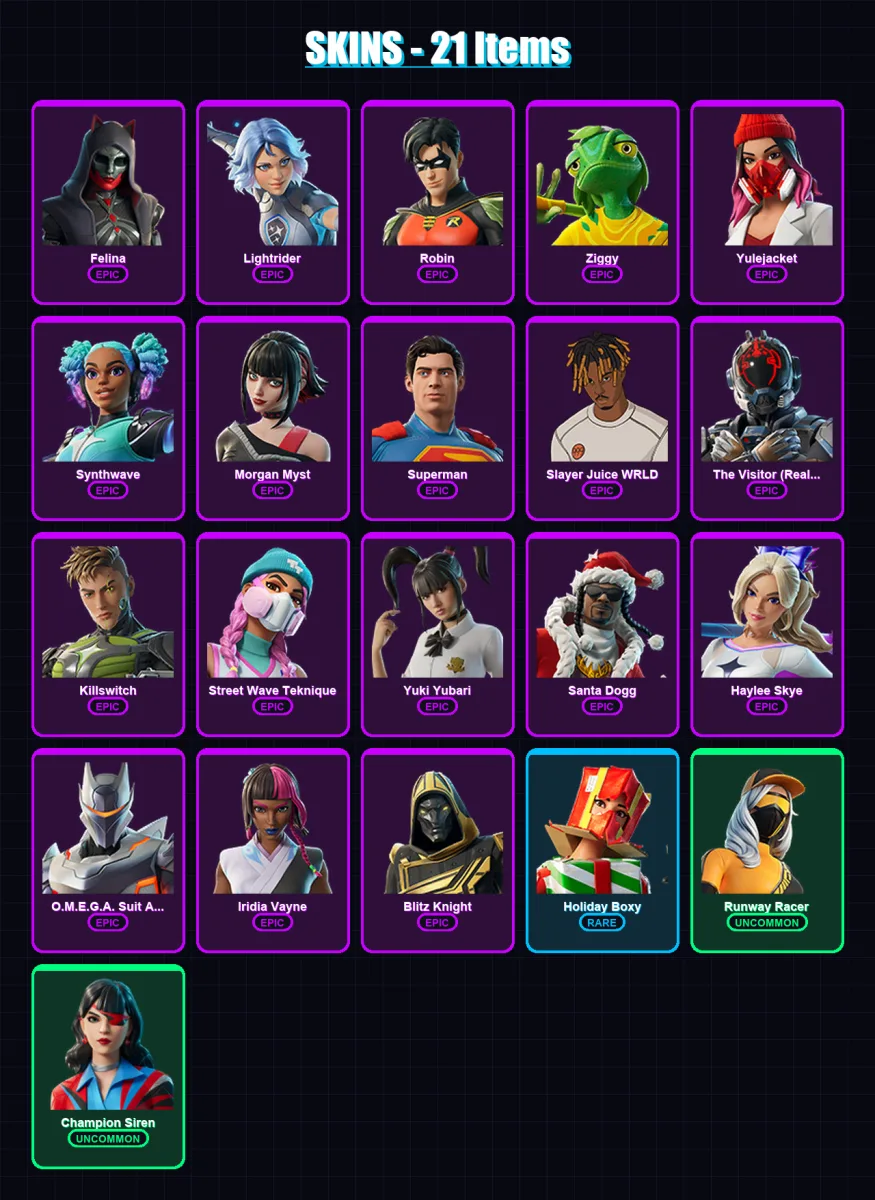 [PC/XBOX] | Felina | Lightrider | Robin | Ziggy | Yulejacket | 21 skin | 102 pickaxe | 52 emote | 75 glider | Lv2053