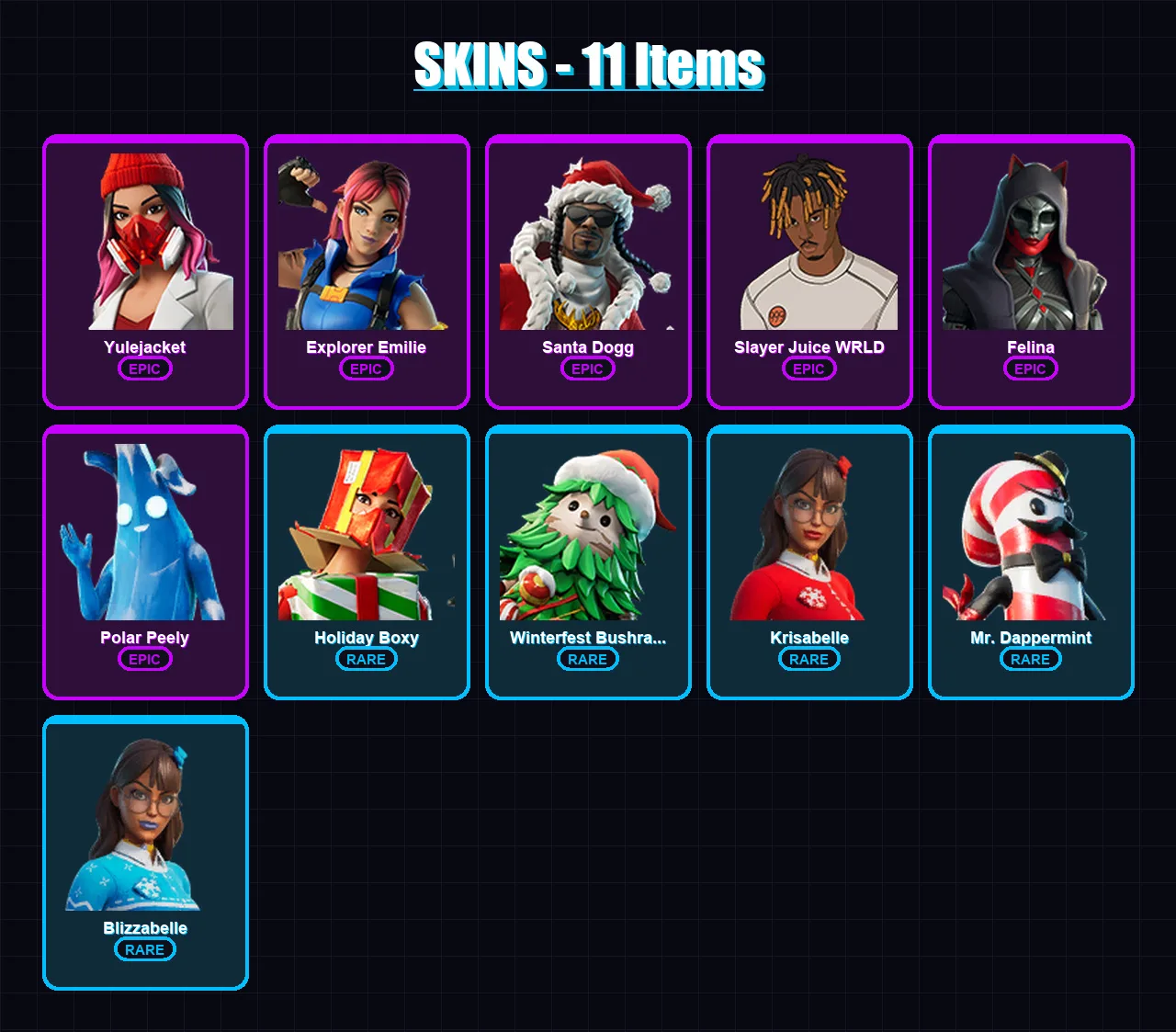 [PC/XBOX/PSN] | Yulejacket | Explorer Emilie | Santa Dogg | Slayer Juice WRLD | Felina | 11 skin | 35 pickaxe | 18 emote | 28 glider | Lv296