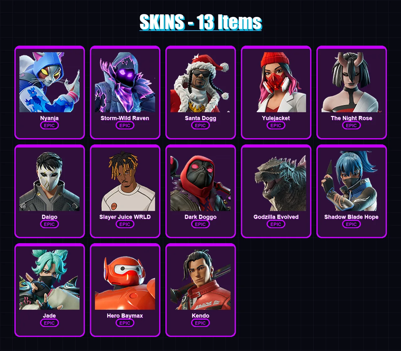 [PC/PSN] | Nyanja | Storm-Wild Raven | Santa Dogg | Yulejacket | The Night Rose | 13 skin | 31 pickaxe | 19 emote | 19 glider | Lv365 — Fortnite account