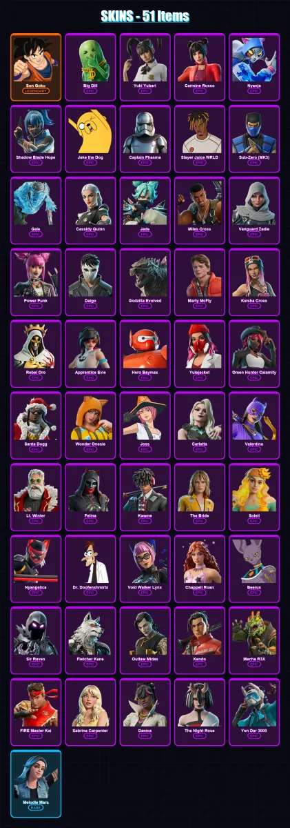 [PS4/PS5/XBOX/PC] | Son Goku | Big Dill | Yuki Yubari | Carmine Rosso | Nyanja | 51 skin | 66 pickaxe | 52 emote | 36 glider | Lv400