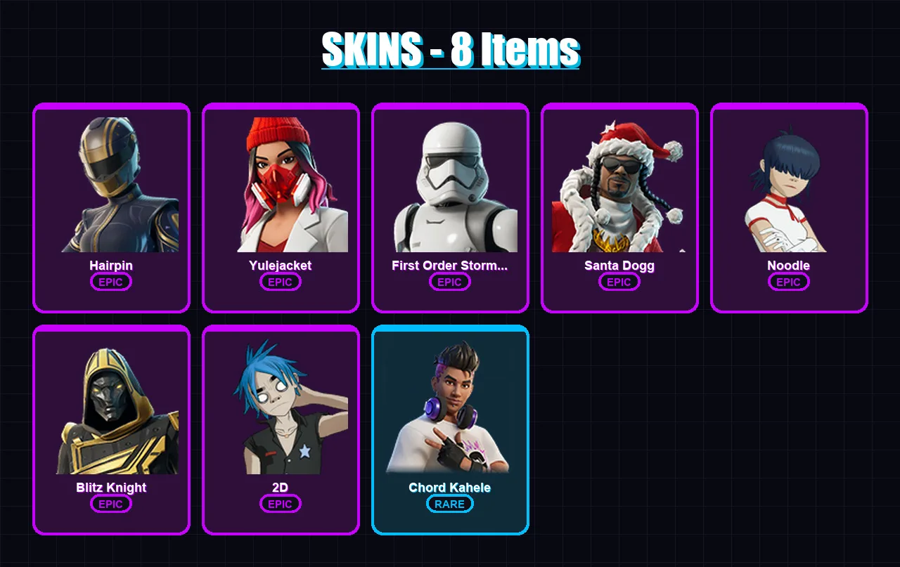 [PC/XBOX/PSN] | Hairpin | Yulejacket | First Order Stormtrooper | Santa Dogg | Noodle | 8 skin | 56 pickaxe | 19 emote | 29 glider | Lv423