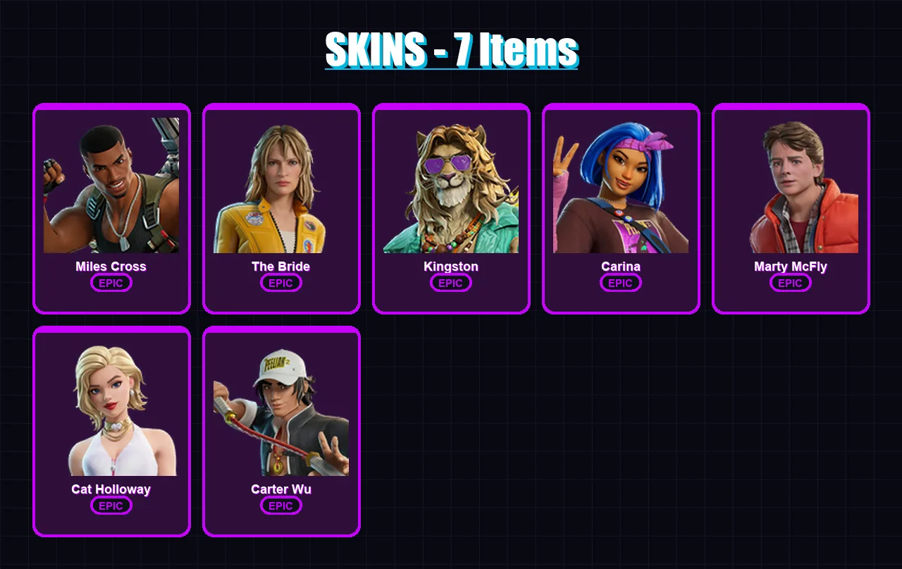 [PC/XBOX] | Miles Cross | The Bride | Kingston | Carina | Marty McFly | 7 skin | 20 pickaxe | 15 emote | 14 glider | Lv127
