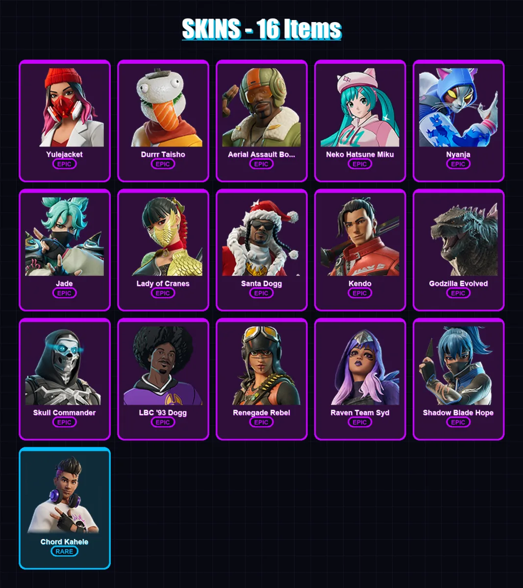 [PC/XBOX/PSN] | Yulejacket | Durrr Taisho | Aerial Assault Bomber | Neko Hatsune Miku | Nyanja | 16 skin | 33 pickaxe | 18 emote | 19 glider | Lv103