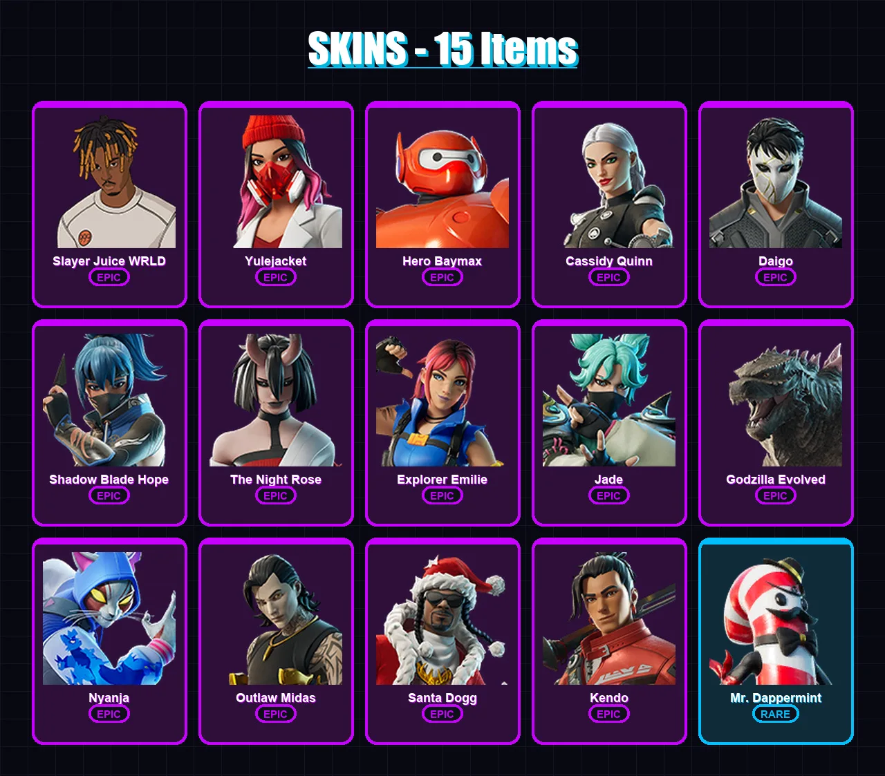 [PC/XBOX/PSN] | Slayer Juice WRLD | Yulejacket | Hero Baymax | Cassidy Quinn | Daigo | 15 skin | 25 pickaxe | 14 emote | 14 glider | Lv155
