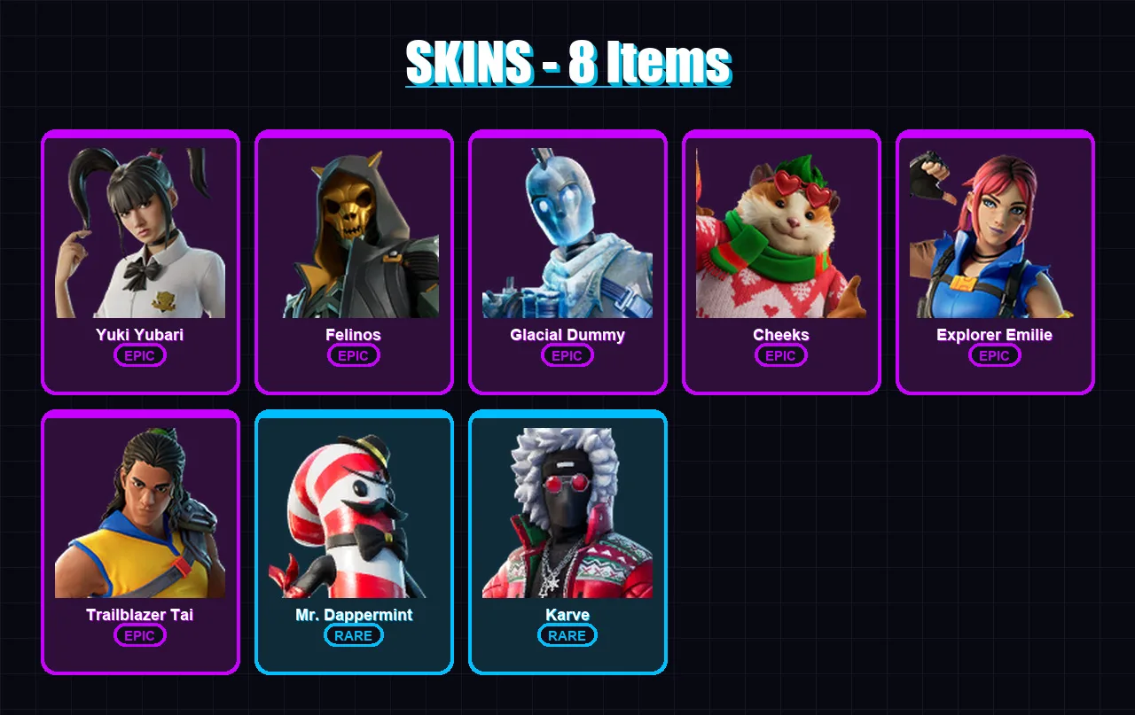 [PC/PSN] | Yuki Yubari | Felinos | Glacial Dummy | Cheeks | Explorer Emilie | 8 skin | 23 pickaxe | 11 emote | 16 glider | Lv166