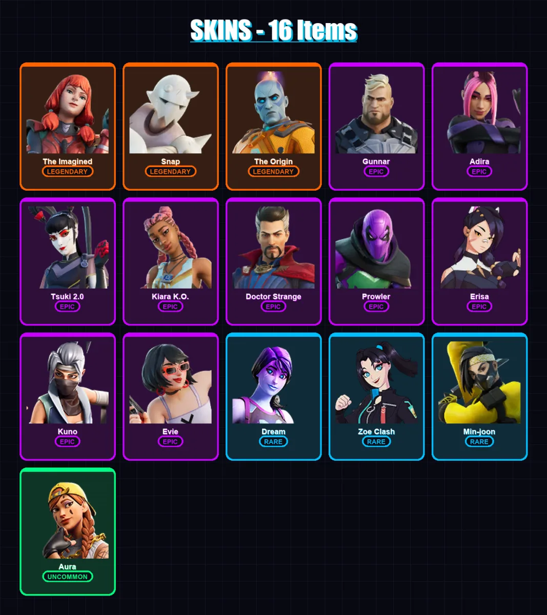 [PC/XBOX/PSN] | The Imagined | Snap | The Origin | Gunnar | Adira | 16 skin | 20 pickaxe | 19 emote | 19 glider | Lv205