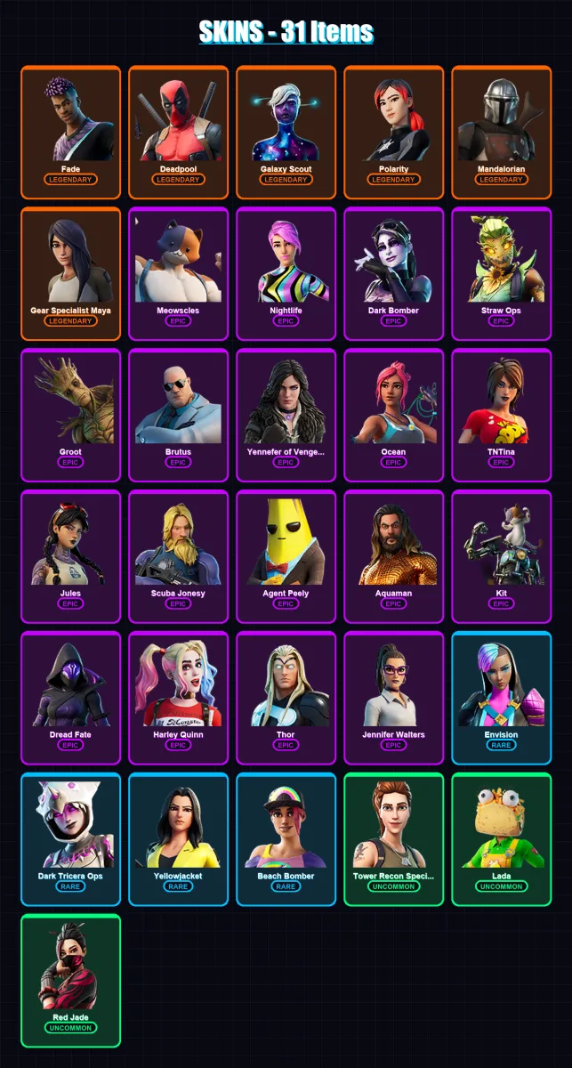 [PC] | Fade | Deadpool | Galaxy Scout | Polarity | Mandalorian | 31 skin | 29 pickaxe | 45 emote | 27 glider | Lv287 — Fortnite account