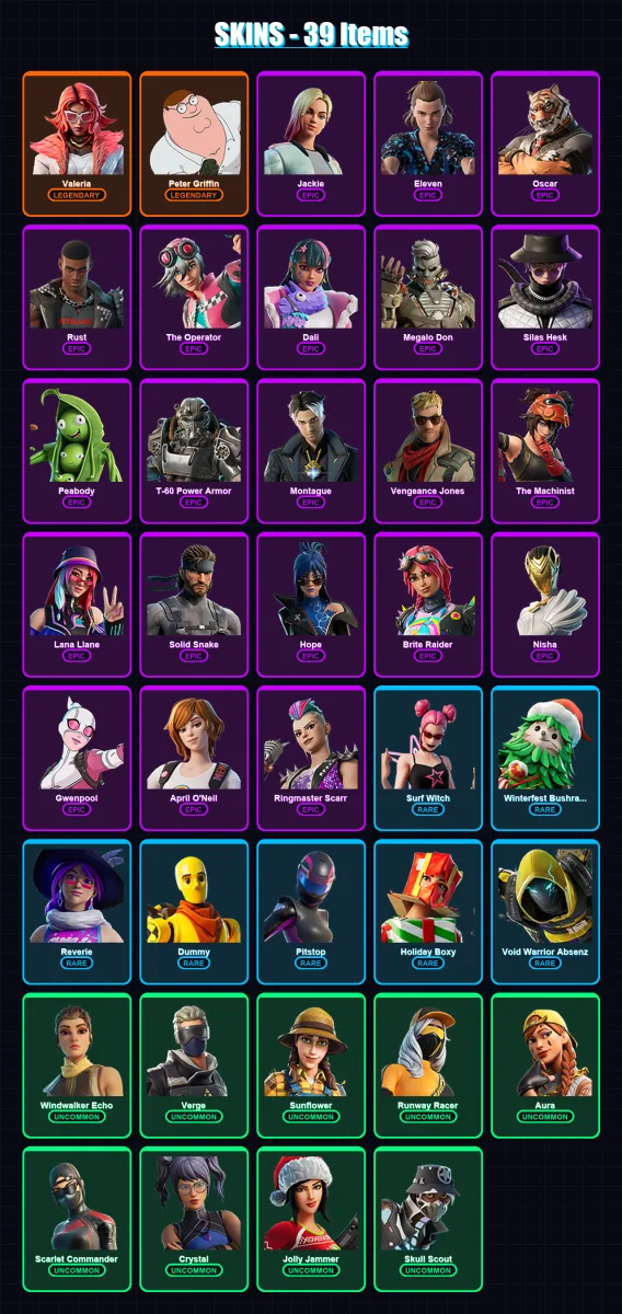 [PC/XBOX/PSN] | Valeria | Peter Griffin | Jackie | Eleven | Oscar | 39 skin | 40 pickaxe | 25 emote | 26 glider | Lv643