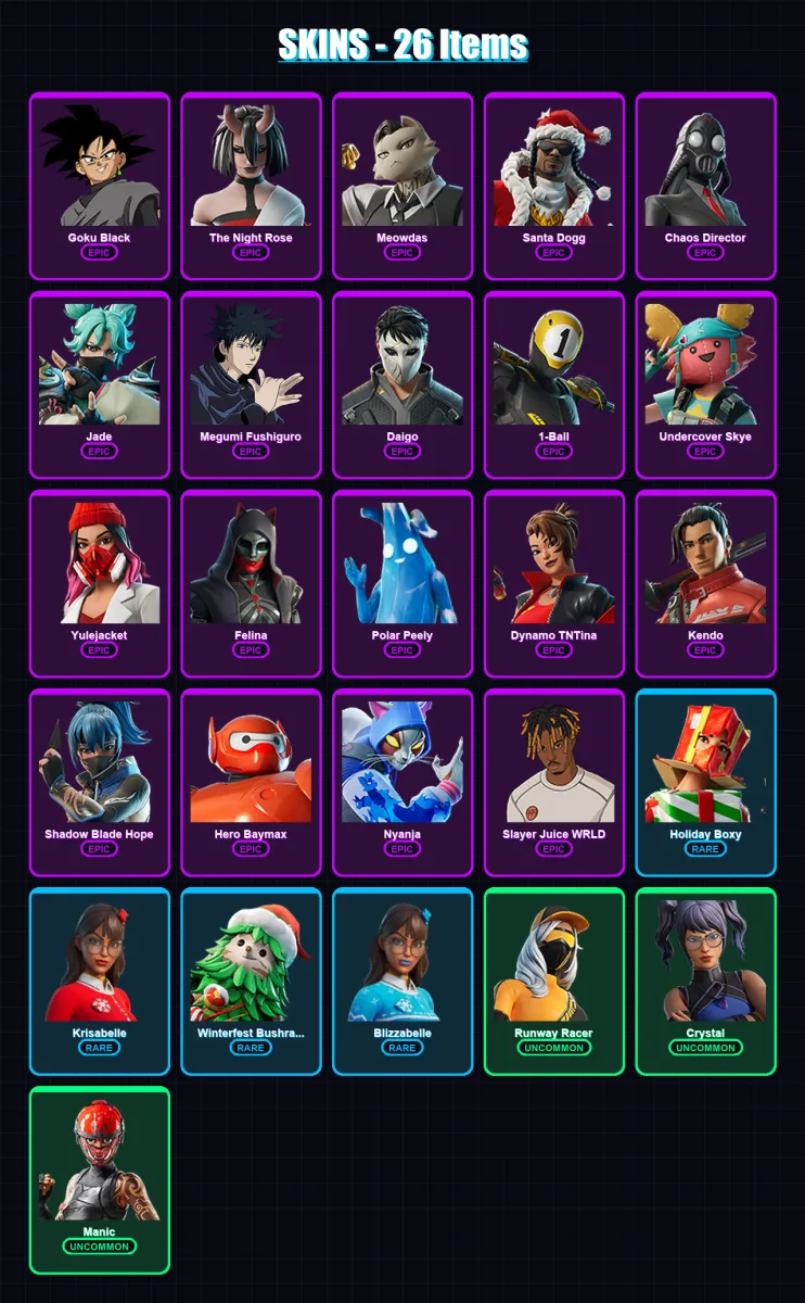 [PC/XBOX] | Goku Black | The Night Rose | Meowdas | Santa Dogg | Chaos Director | 26 skin | 61 pickaxe | 35 emote | 45 glider | Lv726