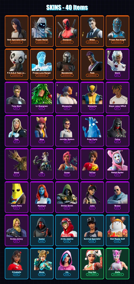 [PC/XBOX/PSN] | Gear Specialist Maya | Frozen Raven | Deadpool | Midas | Frozen Red Knight | 40 skin | 51 pickaxe | 35 emote | 43 glider | Lv661