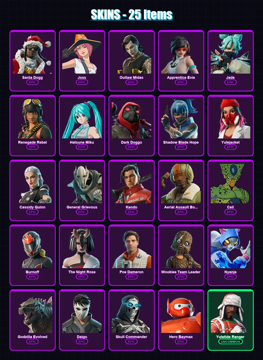 [PC/XBOX/PSN] | Santa Dogg | Joss | Outlaw Midas | Apprentice Evie | Jade | 25 skin | 47 pickaxe | 29 emote | 31 glider | Lv263