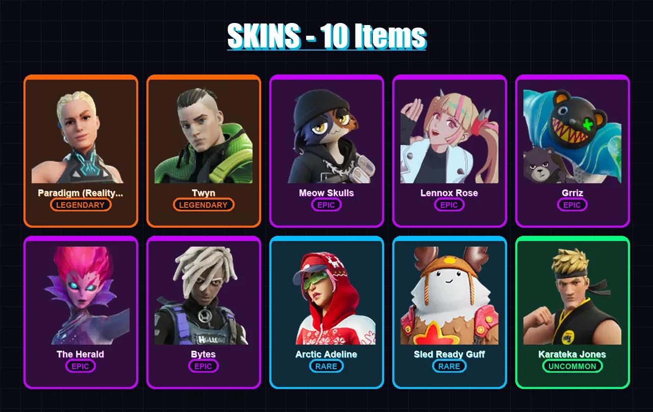 [PC/XBOX/PSN] | Paradigm (Reality-659) | Twyn | Meow Skulls | Lennox Rose | Grriz | 10 skin | 15 pickaxe | 15 emote | 15 glider | Lv195
