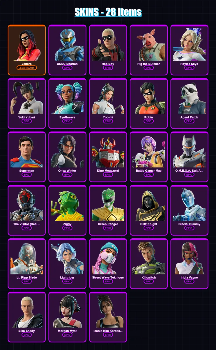 [PC] | Joltara | UNSC Spartan | Rap Boy | Pig the Butcher | Haylee Skye | 28 skin | 60 pickaxe | 35 emote | 34 glider | Lv726 — Fortnite account