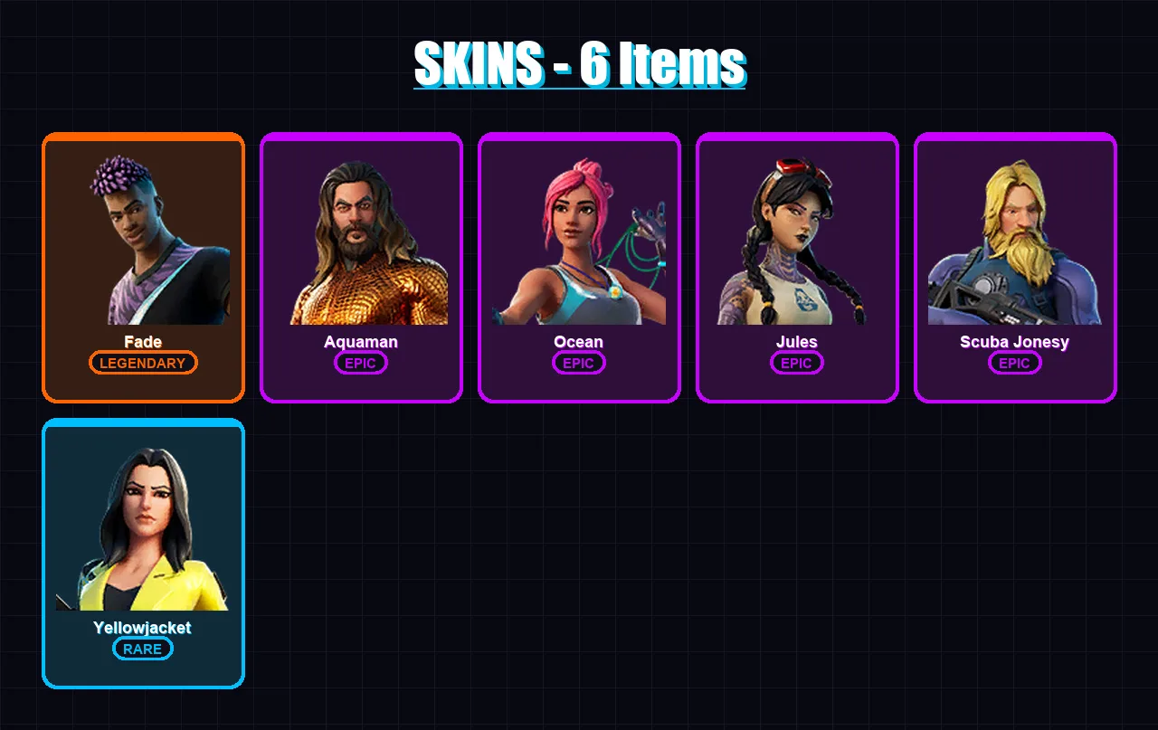 [PC/XBOX/PSN] | Fade | Aquaman | Ocean | Jules | Scuba Jonesy | 6 skin | 8 pickaxe | 8 emote | 8 glider | Lv63