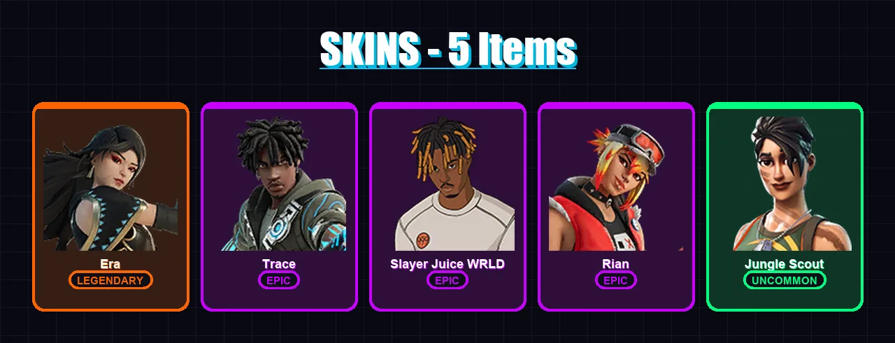 [PC/XBOX/PSN] | Era | Trace | Slayer Juice WRLD | Rian | Jungle Scout | 5 skin | 8 pickaxe | 3 emote | 9 glider | Lv70