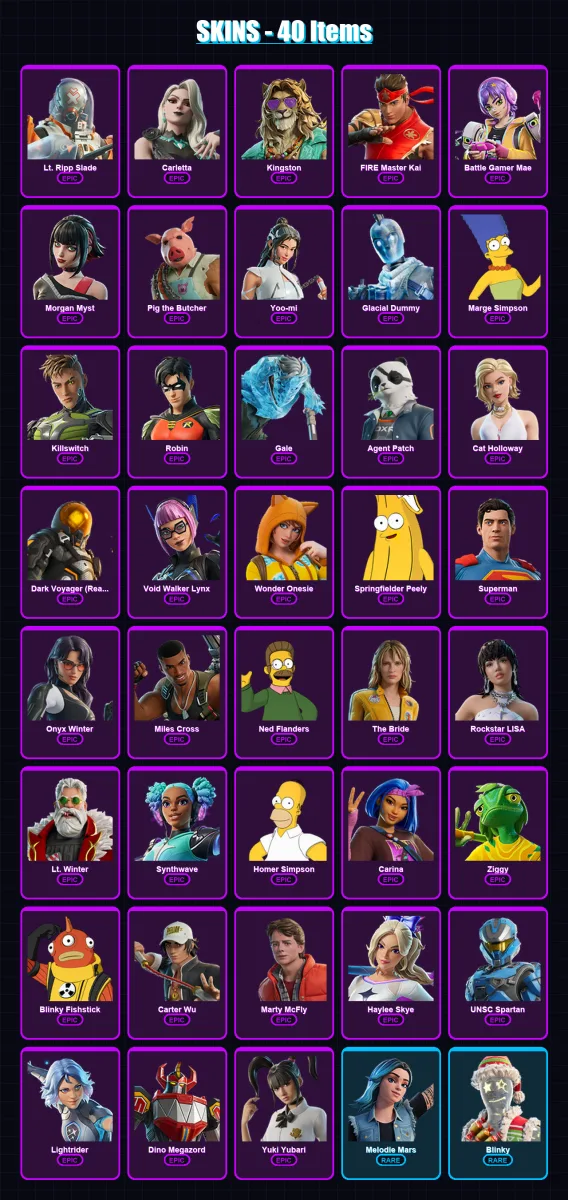 [PC/PSN] | Lt. Ripp Slade | Carletta | Kingston | FIRE Master Kai | Battle Gamer Mae | 40 skin | 74 pickaxe | 49 emote | 48 glider | Lv626
