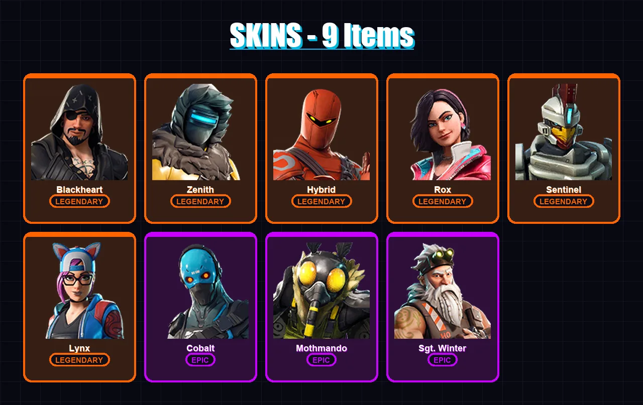 [PC/XBOX/PSN] | Blackheart | Zenith | Hybrid | Rox | Sentinel | 9 skin | 6 pickaxe | 13 emote | 6 glider | Lv89