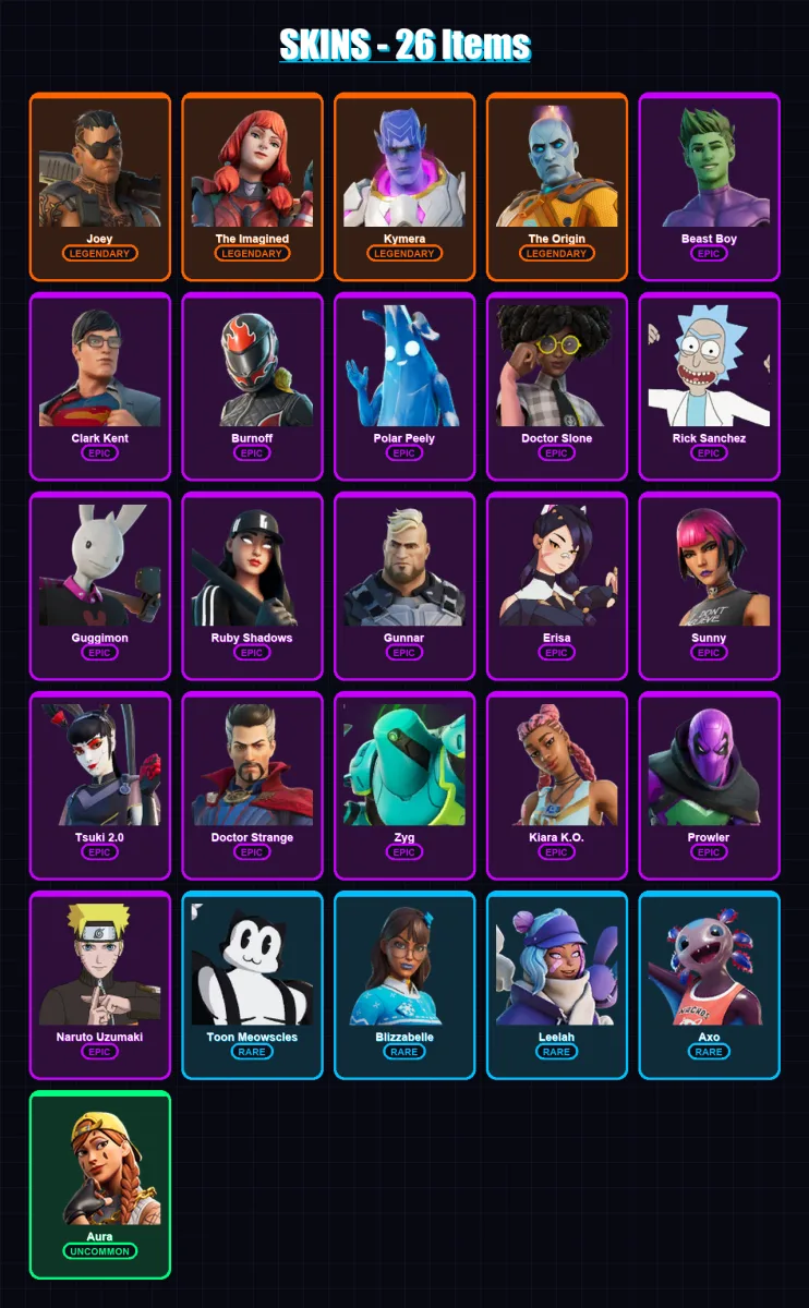 [PC/XBOX/PSN] | Joey | The Imagined | Kymera | The Origin | Beast Boy | 26 skin | 35 pickaxe | 33 emote | 35 glider | Lv687