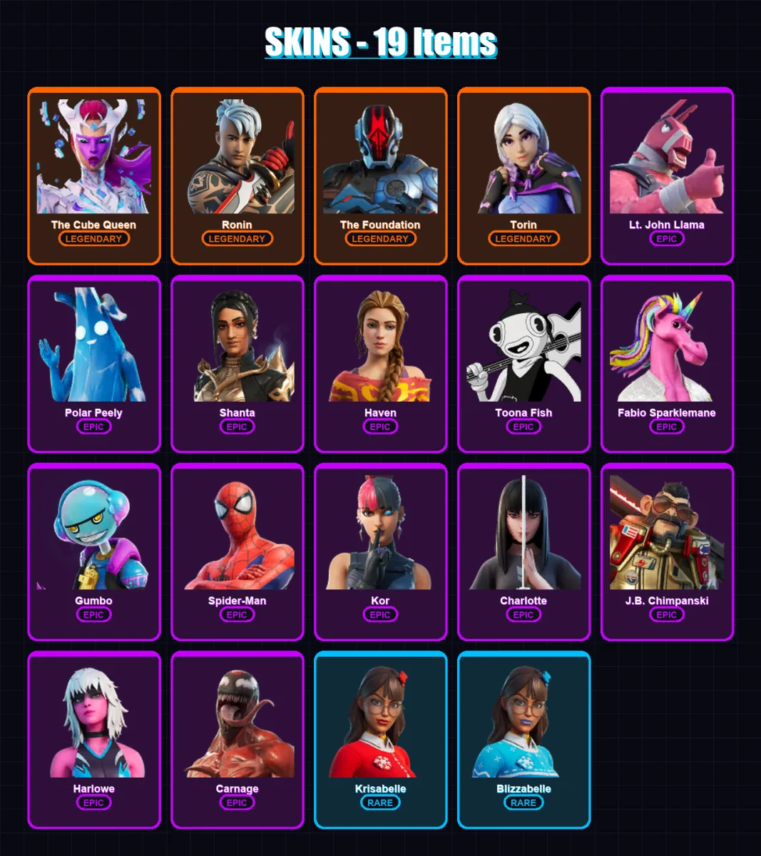 [PC/XBOX/PSN] | The Cube Queen | Ronin | The Foundation | Torin | Lt. John Llama | 19 skin | 23 pickaxe | 17 emote | 21 glider | Lv336