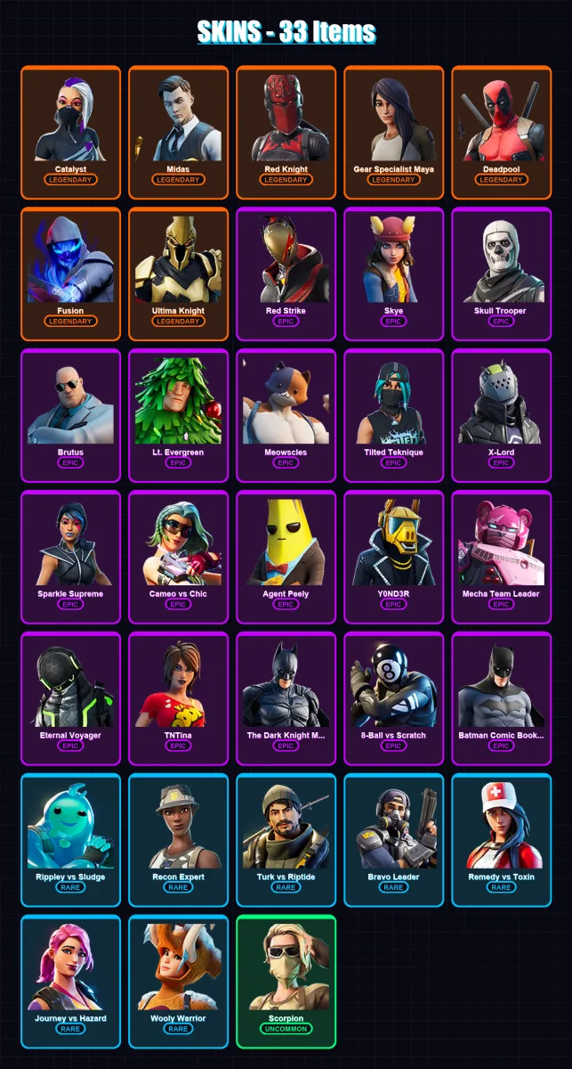[PC/XBOX/PSN] | Catalyst | Midas | Red Knight | Gear Specialist Maya | Deadpool | 33 skin | 24 pickaxe | 51 emote | 28 glider | Lv410