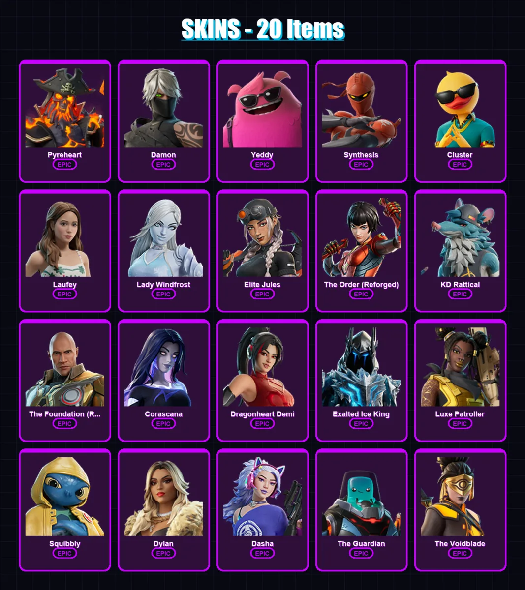 [PC/XBOX/PSN] | Pyreheart | Damon | Yeddy | Synthesis | Cluster | 20 skin | 27 pickaxe | 18 emote | 21 glider | Lv217
