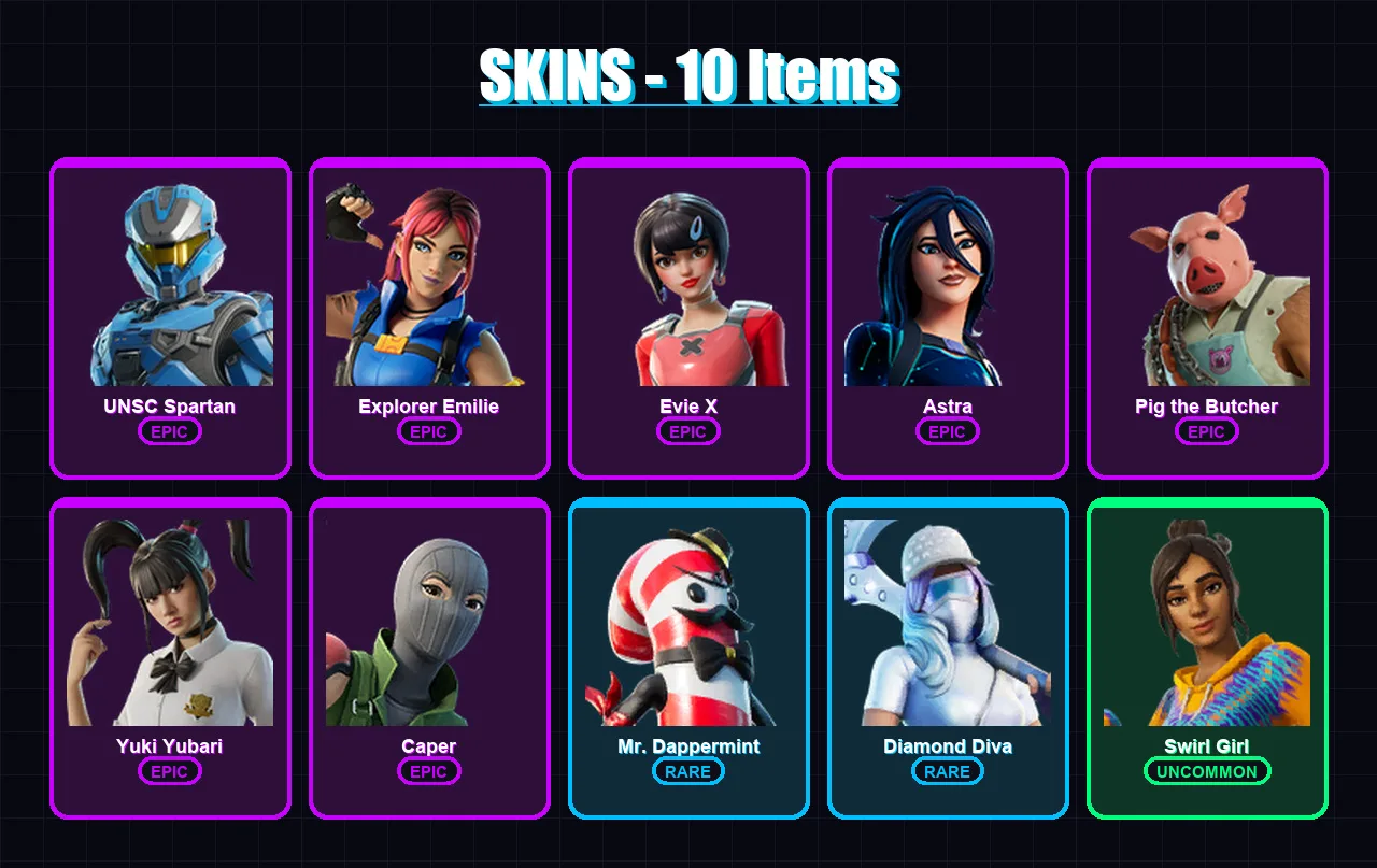 [PC/PSN] | UNSC Spartan | Explorer Emilie | Evie X | Astra | Pig the Butcher | 10 skin | 21 pickaxe | 9 emote | 15 glider | Lv305