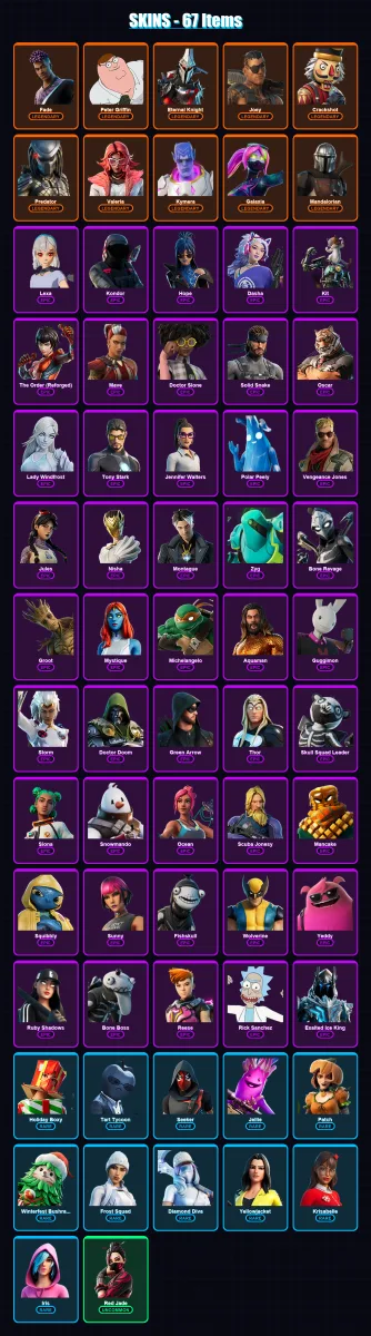 [PC] | Fade | Peter Griffin | Eternal Knight | Joey | Crackshot | 67 skin | 77 pickaxe | 42 emote | 72 glider | Lv1048
