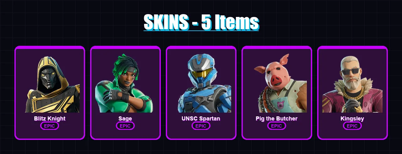 [PC/XBOX] | Blitz Knight | Sage | UNSC Spartan | Pig the Butcher | Kingsley | 5 skin | 28 pickaxe | 15 emote | 23 glider | Lv248