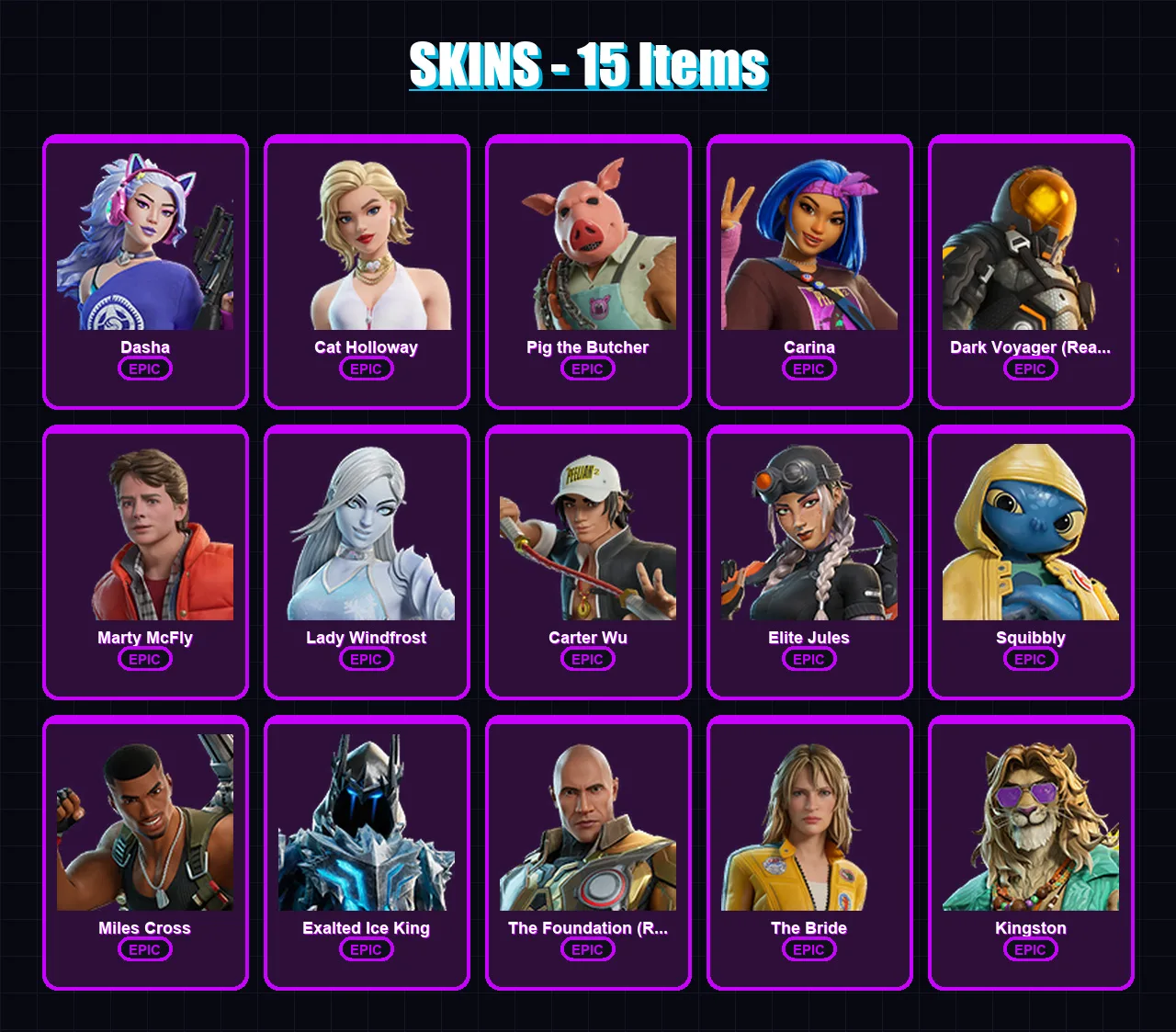 [PC/PSN] | Dasha | Cat Holloway | Pig the Butcher | Carina | Dark Voyager (Reality Redacted) | 15 skin | 32 pickaxe | 19 emote | 25 glider | Lv311 — Fortnite account