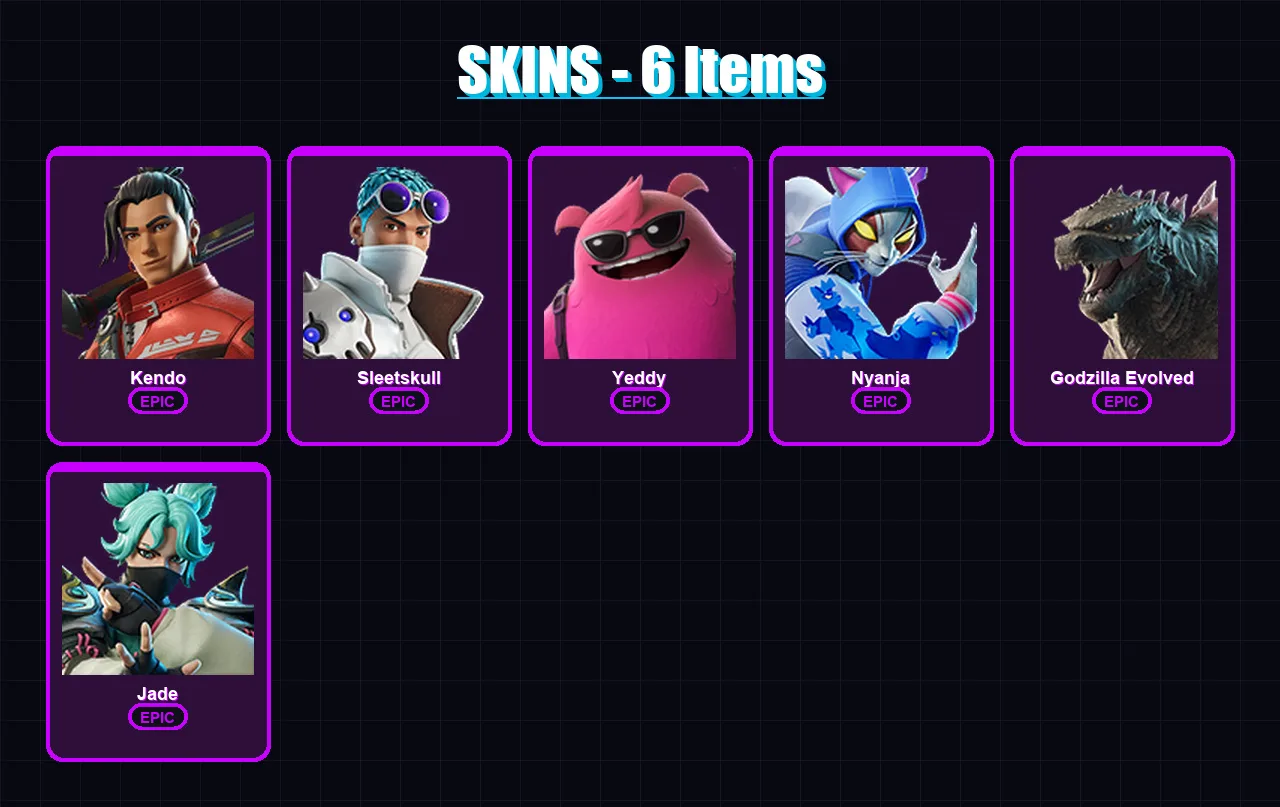 [PC/XBOX/PSN] | Kendo | Sleetskull | Yeddy | Nyanja | Godzilla Evolved | 6 skin | 11 pickaxe | 8 emote | 9 glider | Lv63