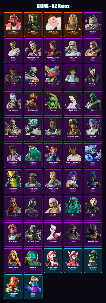 [PS4/PS5/XBOX/PC] | Valeria | Hades | Peter Griffin | Zeus | Meowdas | 52 skin | 81 pickaxe | 55 emote | 54 glider | Lv802