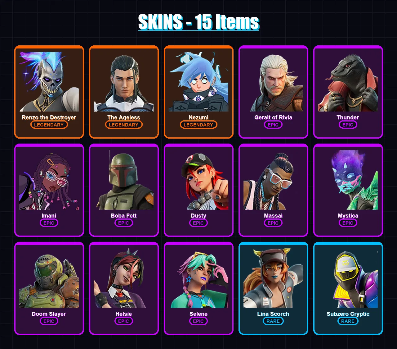 [PS4/PS5/XBOX/PC] | Renzo the Destroyer | The Ageless | Nezumi | Geralt of Rivia | Thunder | 15 skin | 19 pickaxe | 16 emote | 22 glider | Lv236