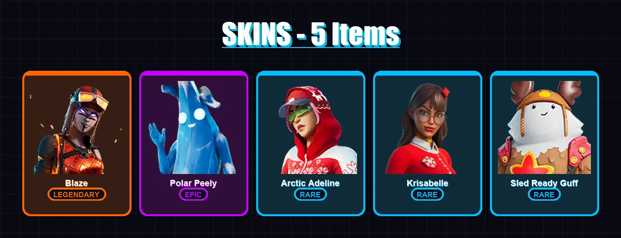 [SWITCH/XBOX/PSN/PC] | Blaze | Polar Peely | Arctic Adeline | Krisabelle | Sled Ready Guff | 5 skin | 15 pickaxe | 11 emote | 16 glider | Lv321