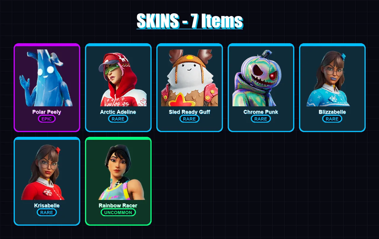 [PC/XBOX/PSN] | Polar Peely | Arctic Adeline | Sled Ready Guff | Chrome Punk | Blizzabelle | 7 skin | 21 pickaxe | 12 emote | 25 glider | Lv347