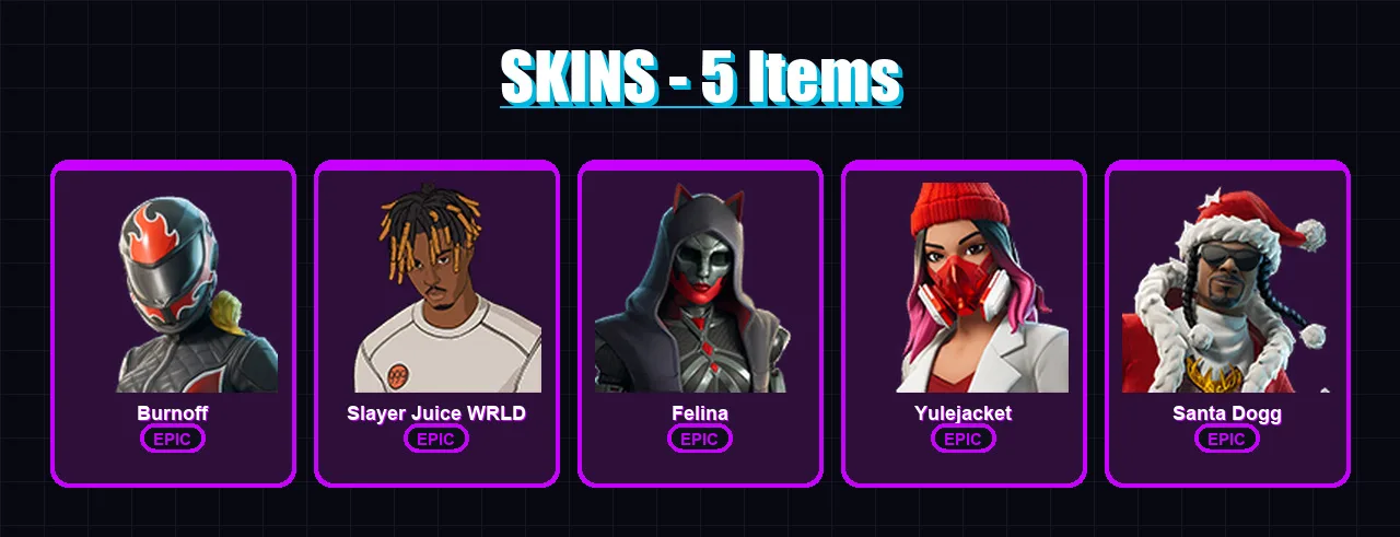 [PC/XBOX/PSN] | Burnoff | Slayer Juice WRLD | Felina | Yulejacket | Santa Dogg | 5 skin | 16 pickaxe | 4 emote | 6 glider | Lv93